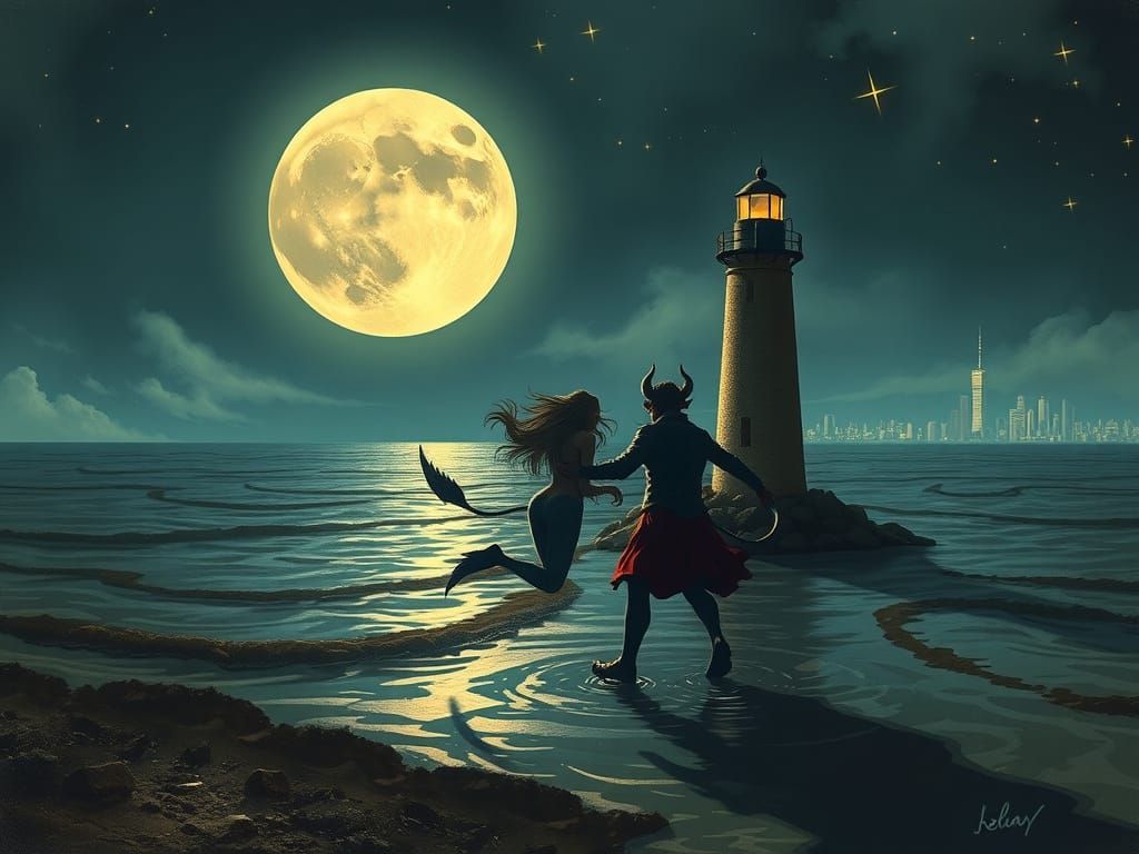 Jersey Devil Waltzing with Mermaids by Lighthouse