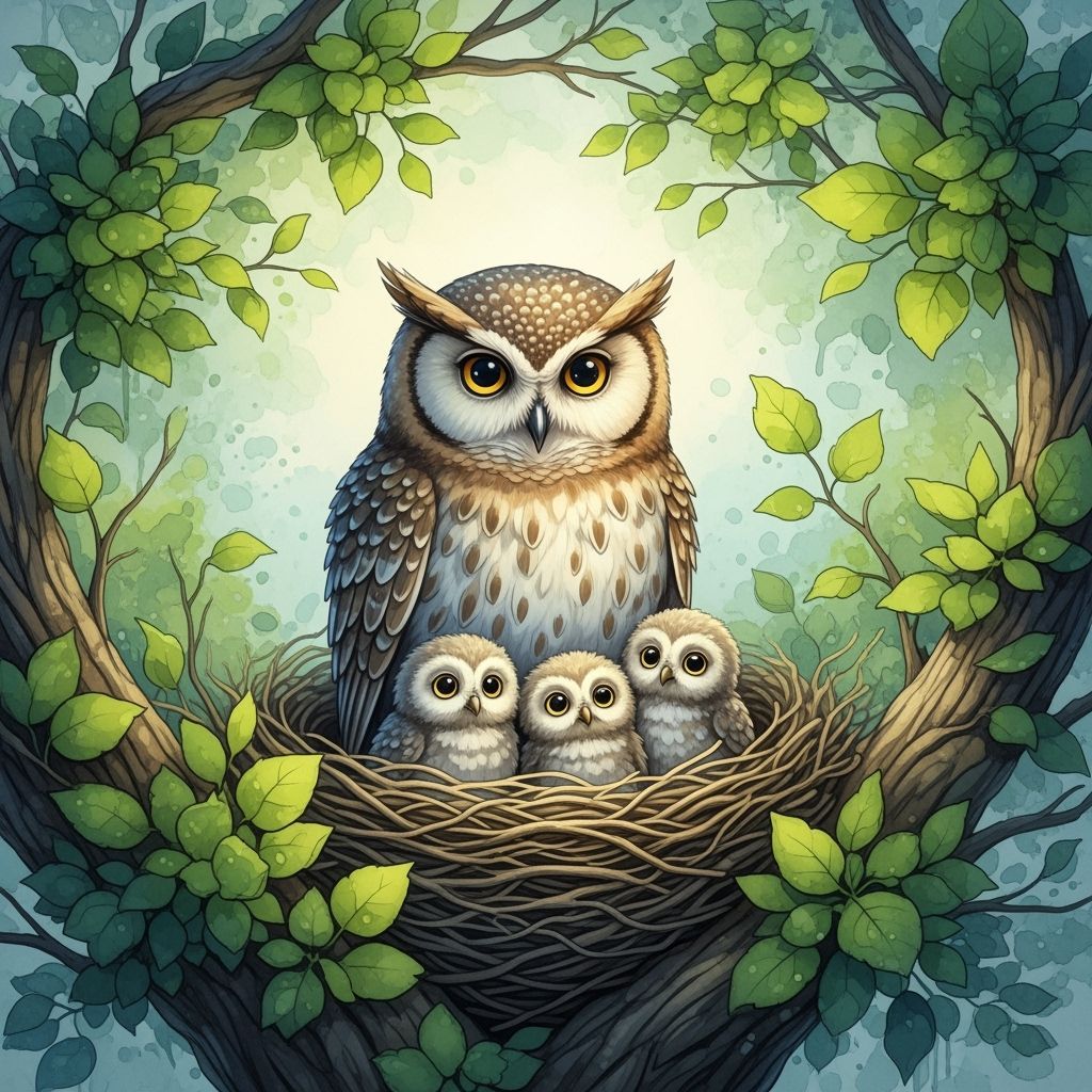 Mother Owl and Owlets in 3D Watercolor Render