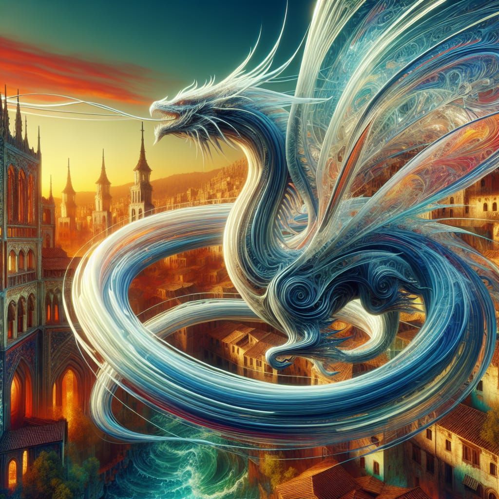 Crystal Dragon Soaring Over Medieval Town in Splash Art
