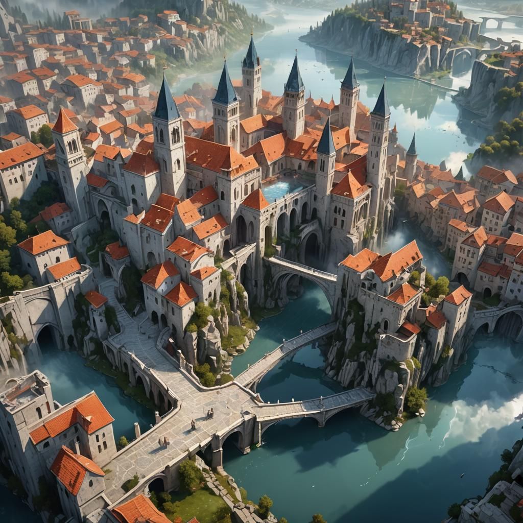 Fog-Shrouded Marble Medieval City with Lake