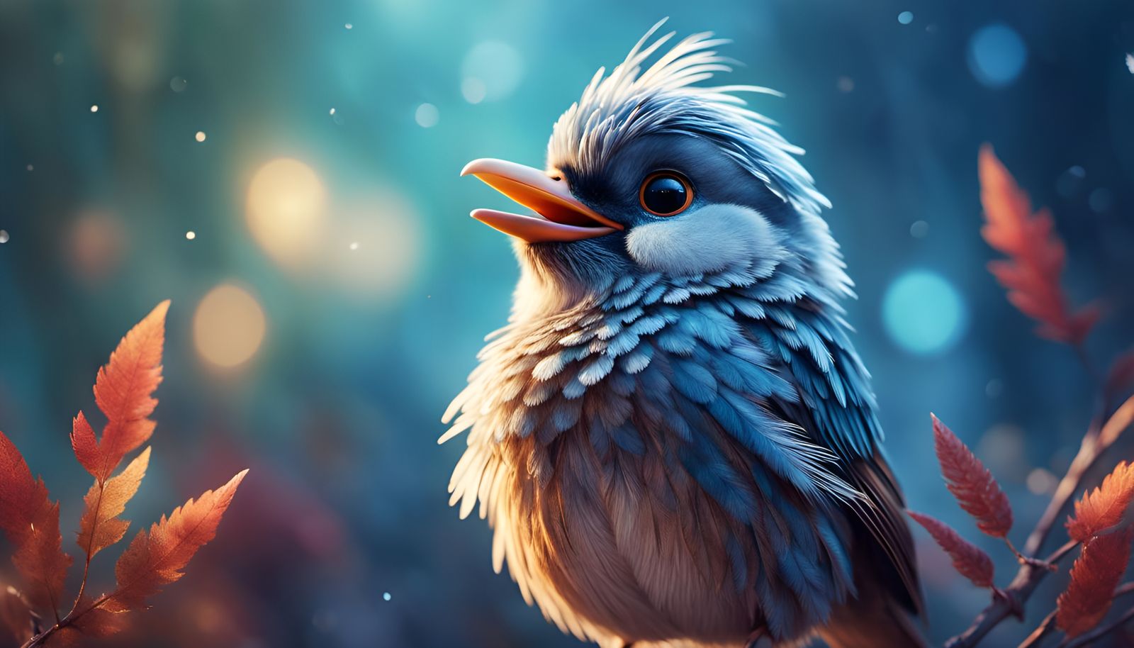 Cute Bird Singing in a Cold, Surreal Fairytale