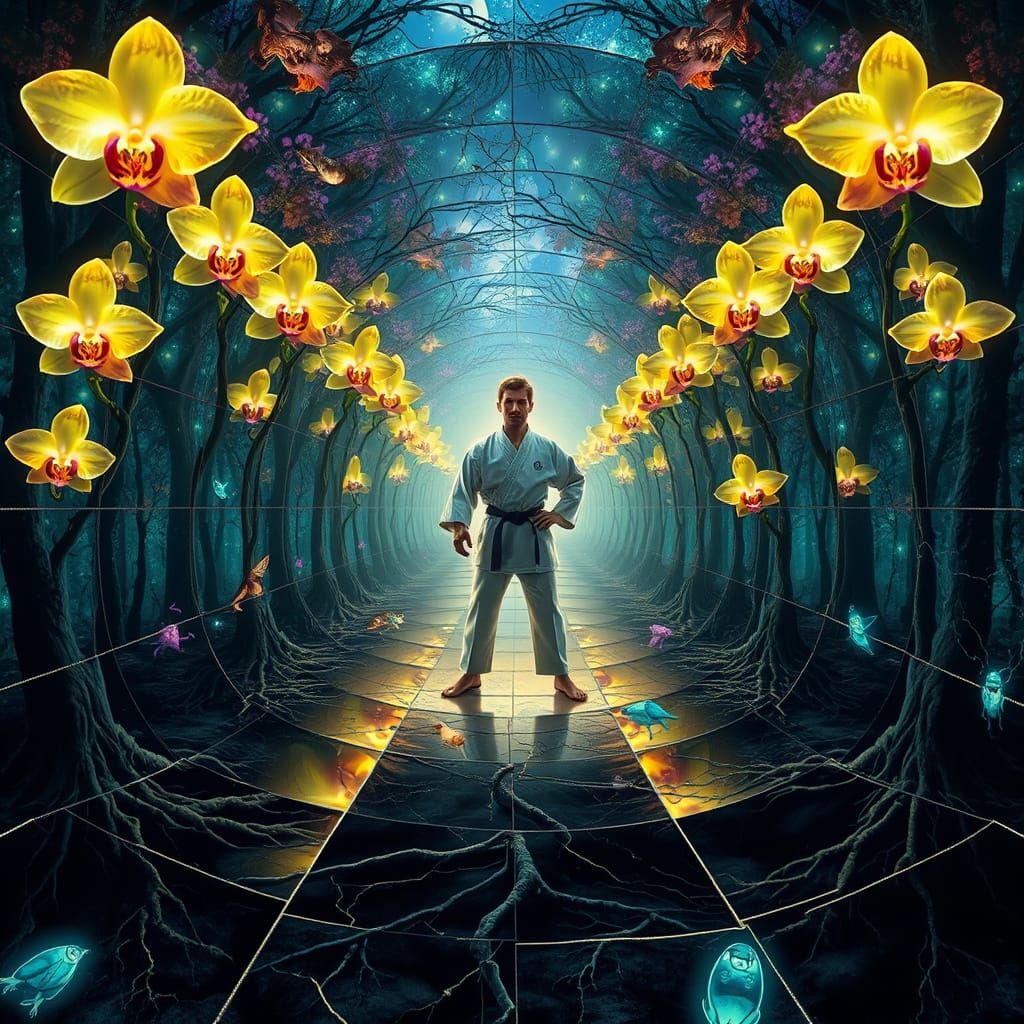 Surreal Mirror Labyrinth with Bioluminescent Orchids