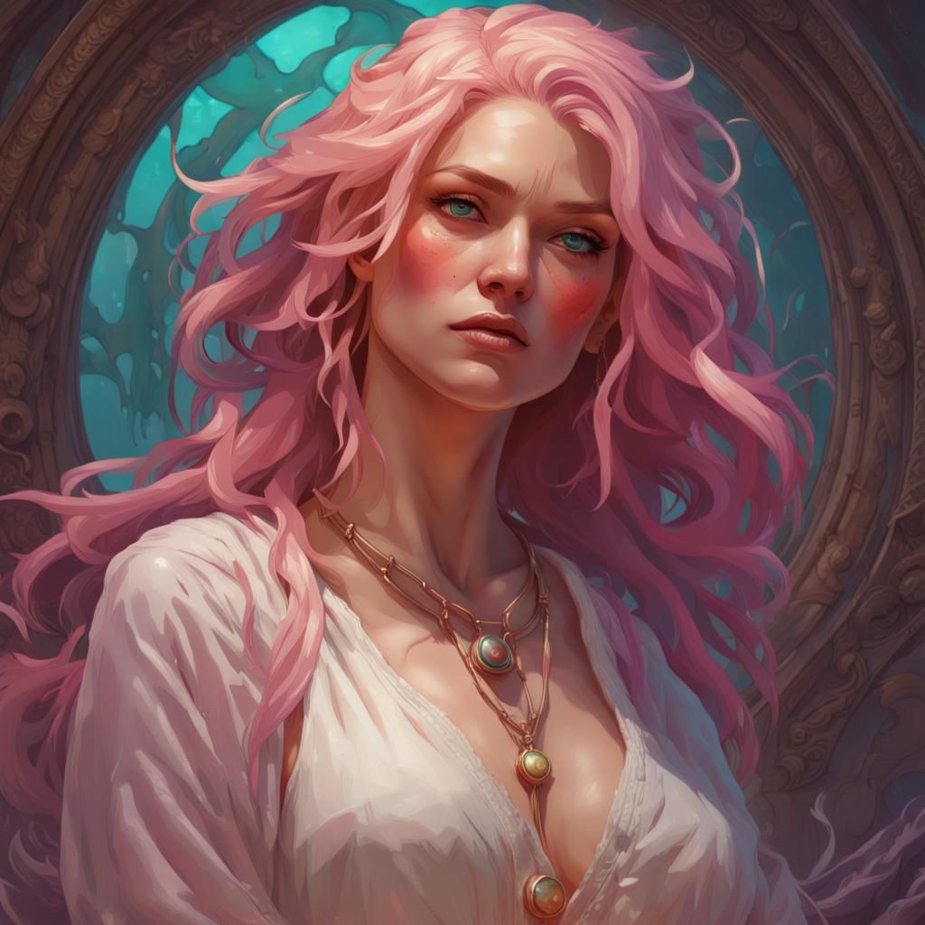 Pink-Haired Woman in Ivory Gown: Hyperdetailed Concept Art