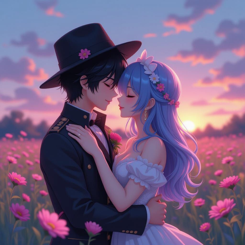 Anime Couple Embrace at Sunset, 3D Render