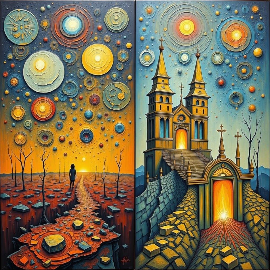 Surreal Art Deco Triptych in Impasto Style