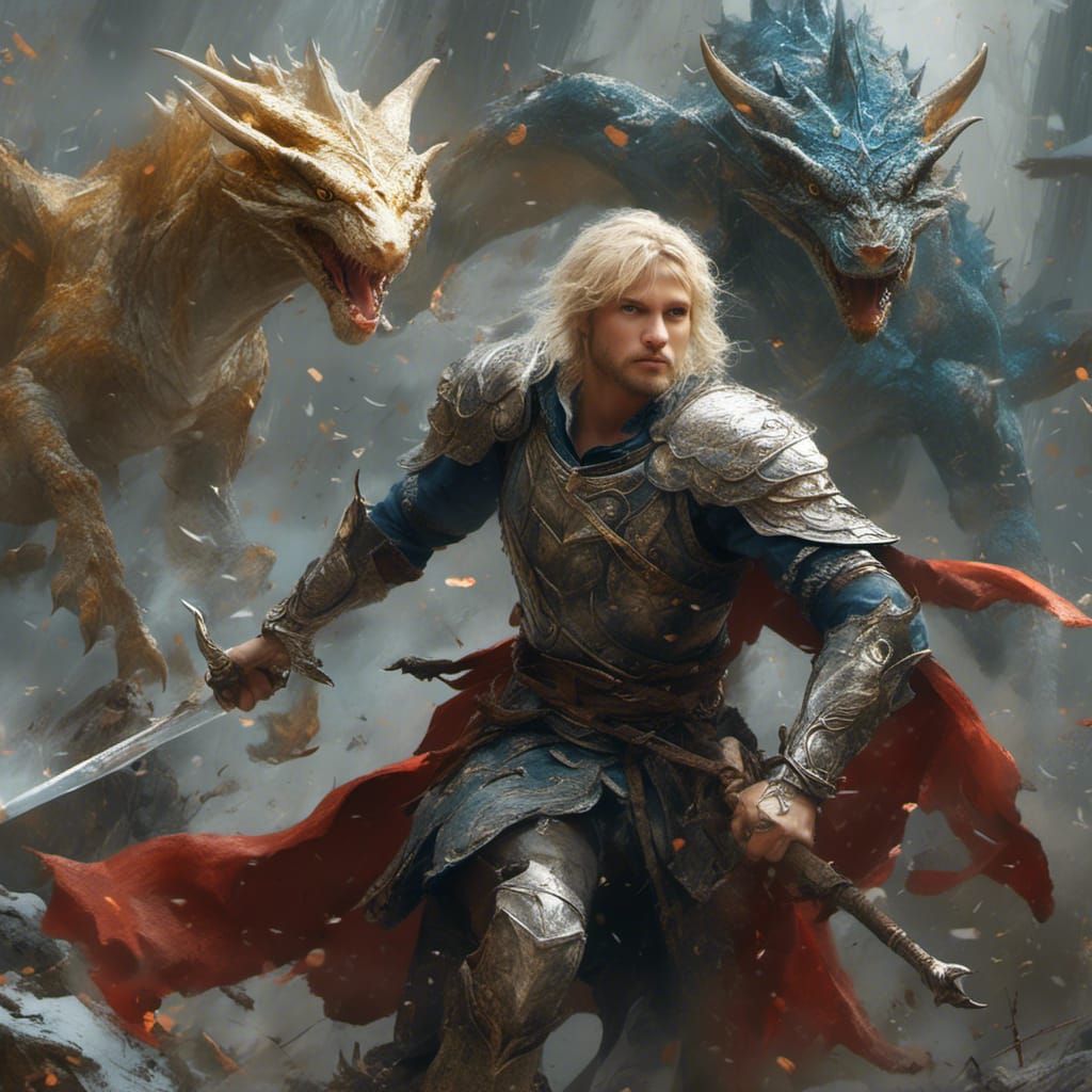 Elf Battles Wyverns in Dramatic Light