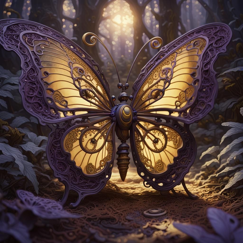 Mysterious, Ornate Butterfly Engine in a Dark Fantasy Forest