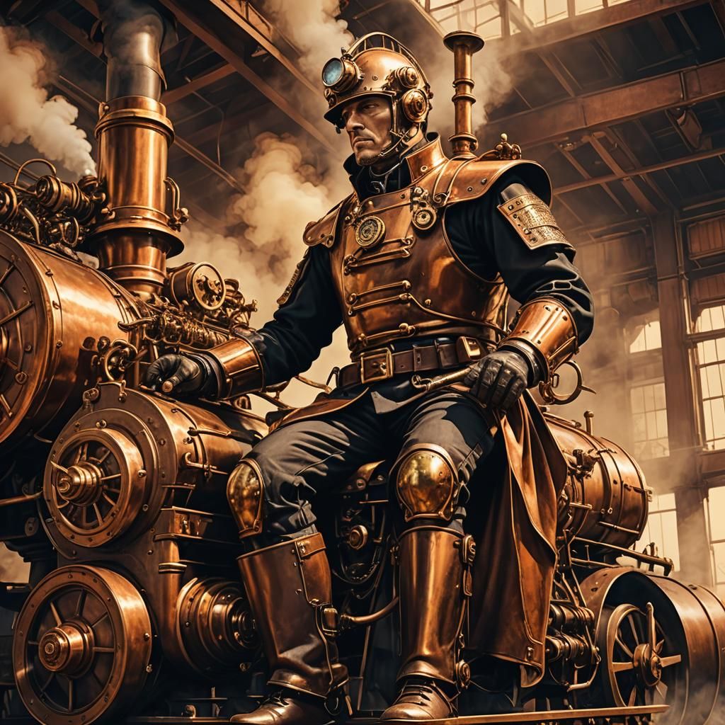 Steampunk Charioteer on a Locomotive Engine