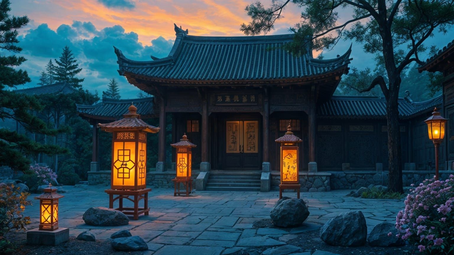 Serene Taoist Temple at Dusk with Golden Lanterns