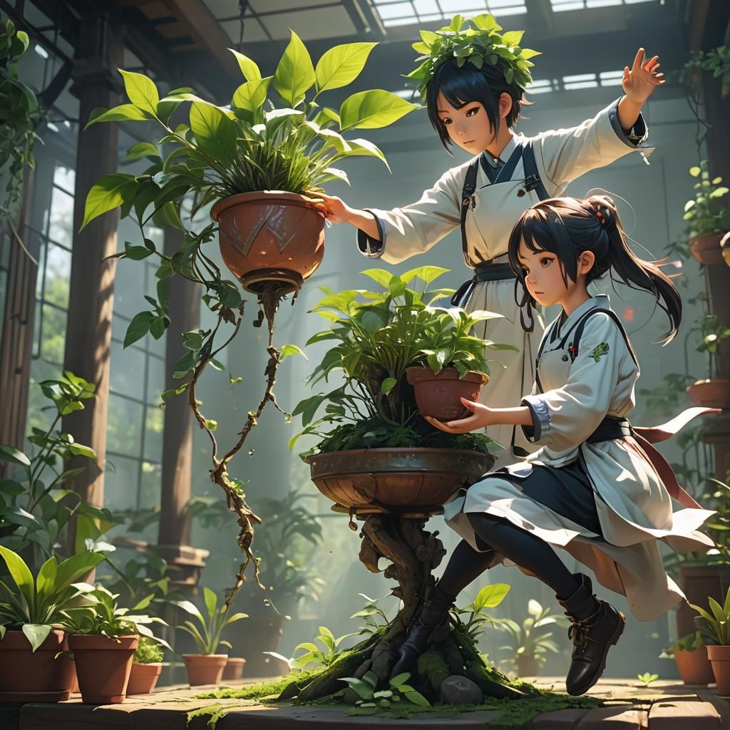 Master teaching Apprentice to levitate plants