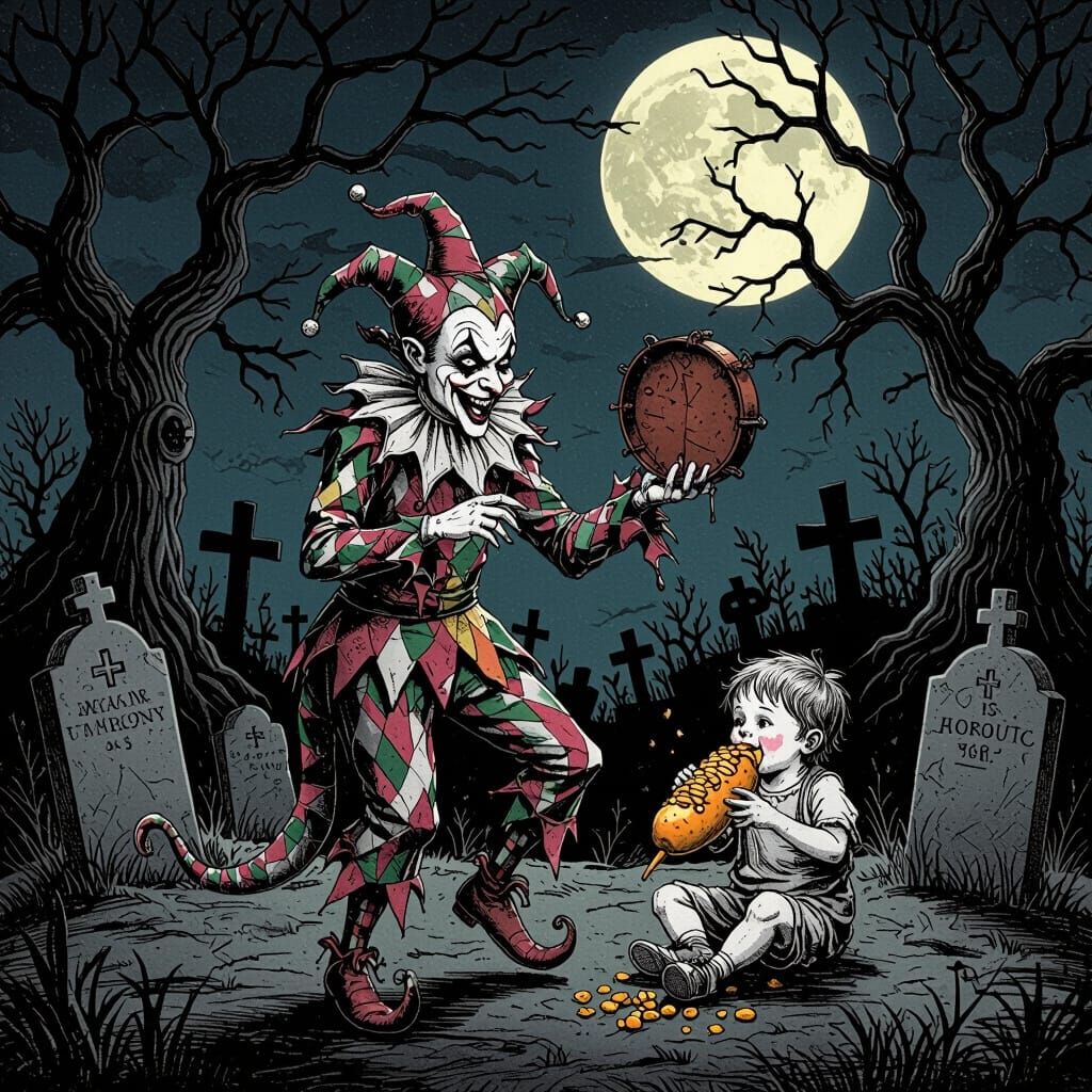 Grotesque Jester's Dance in Moonlit Graveyard