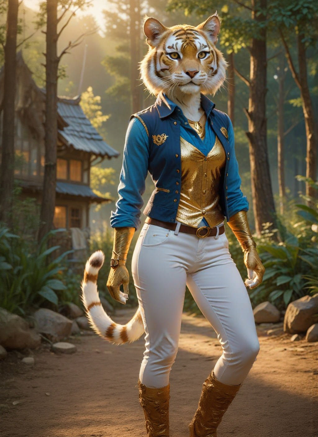 Golden Tabaxi Woman Strikes a Sassy Pose in Vibrant Anime St...
