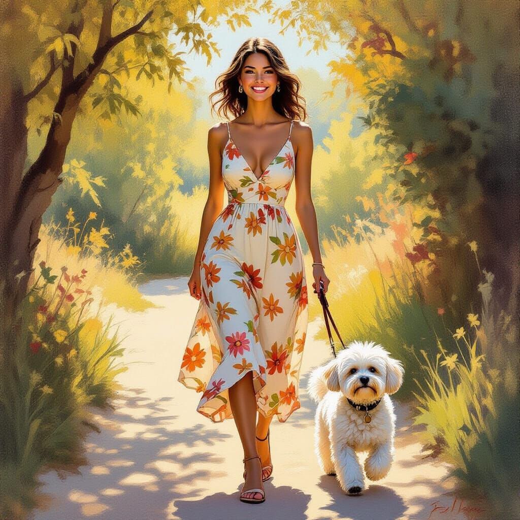 Woman and Dog in Golden Light, Oil Painting Style