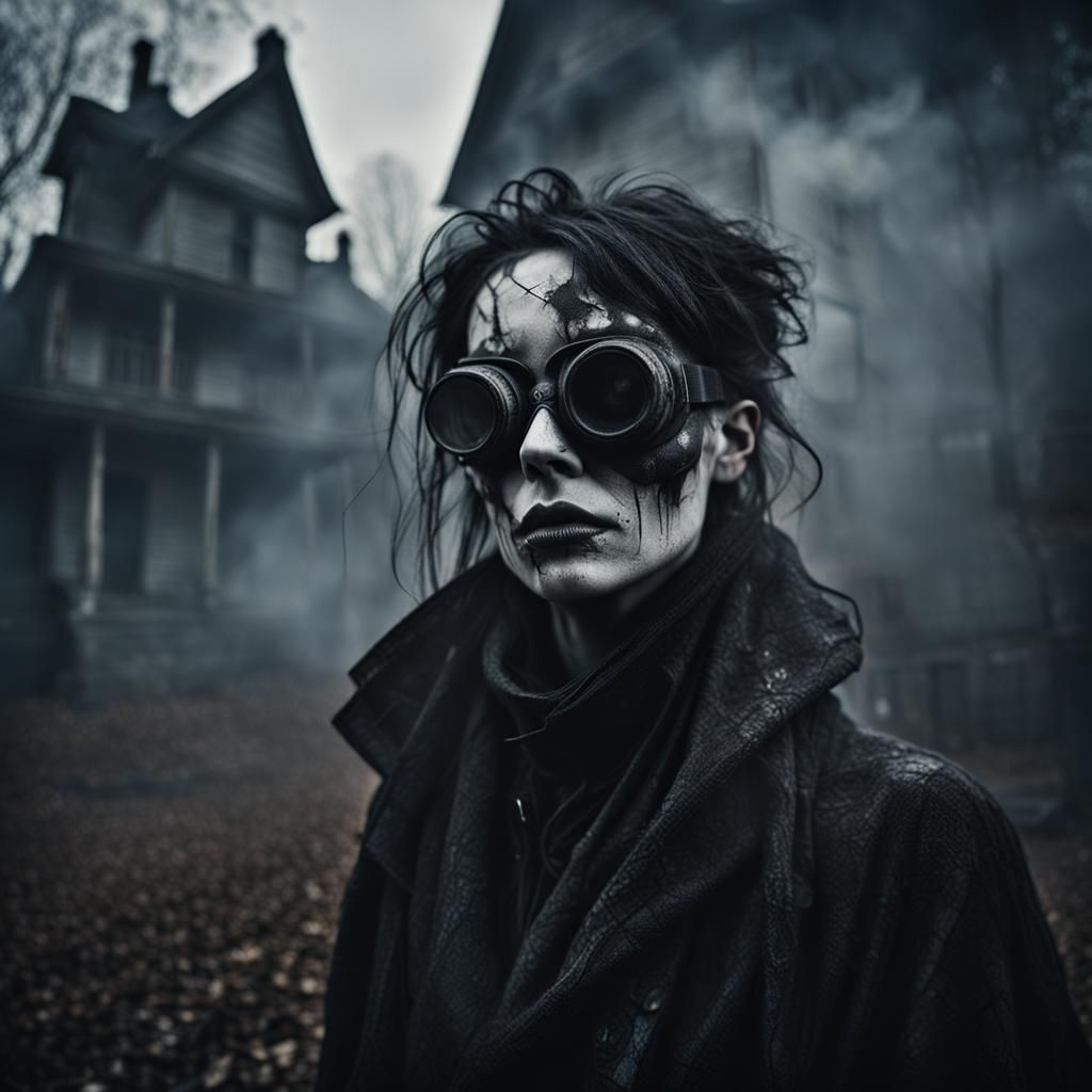 Gothic Model in VR Goggles, Haunted House Portrait
