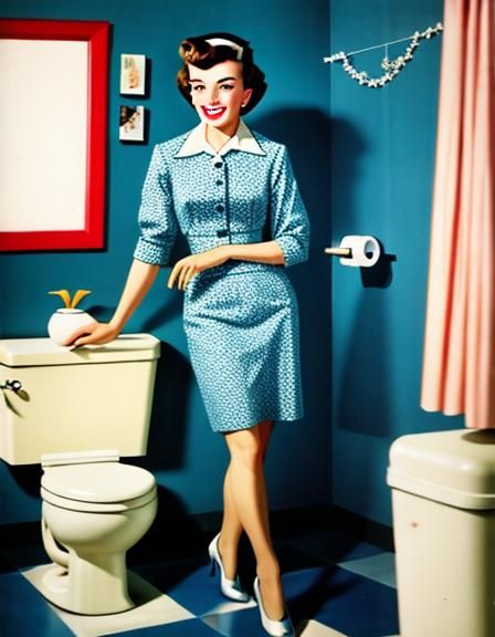 Toilet with 1950s Housewife: A Vintage Tech Mashup