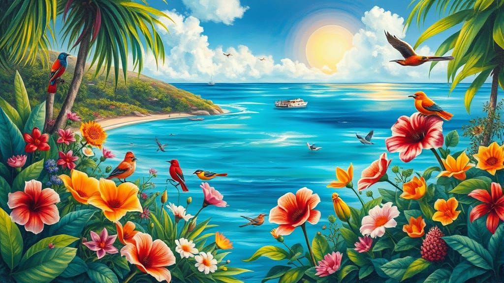 Vibrant Island Scene in Gouache Style