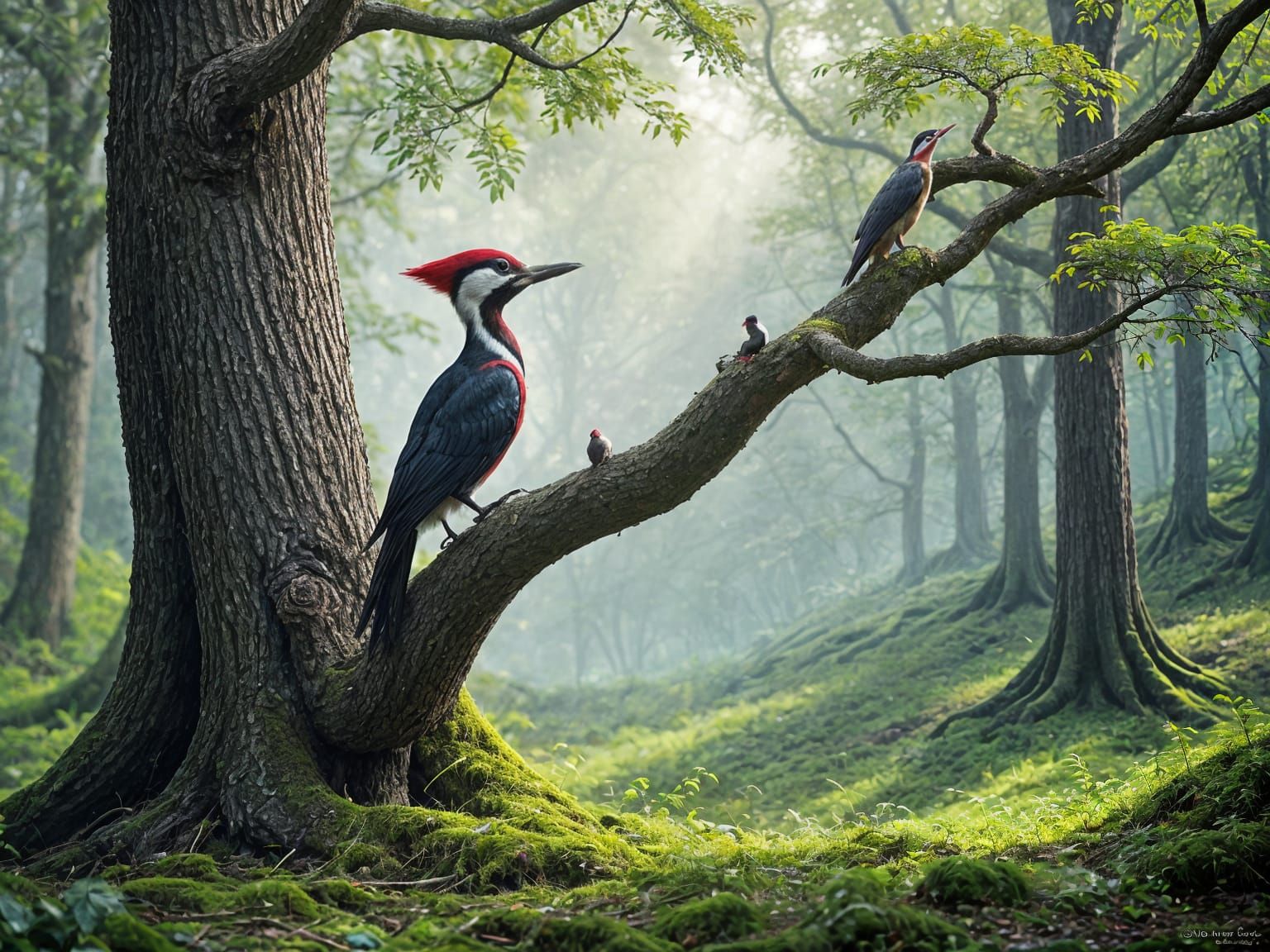 Pileated Woodpecker in Misty Forest, Naturalistic Style