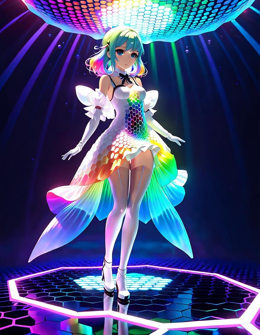 Iridescent Anime Figure in Flowing Honeycomb Dress