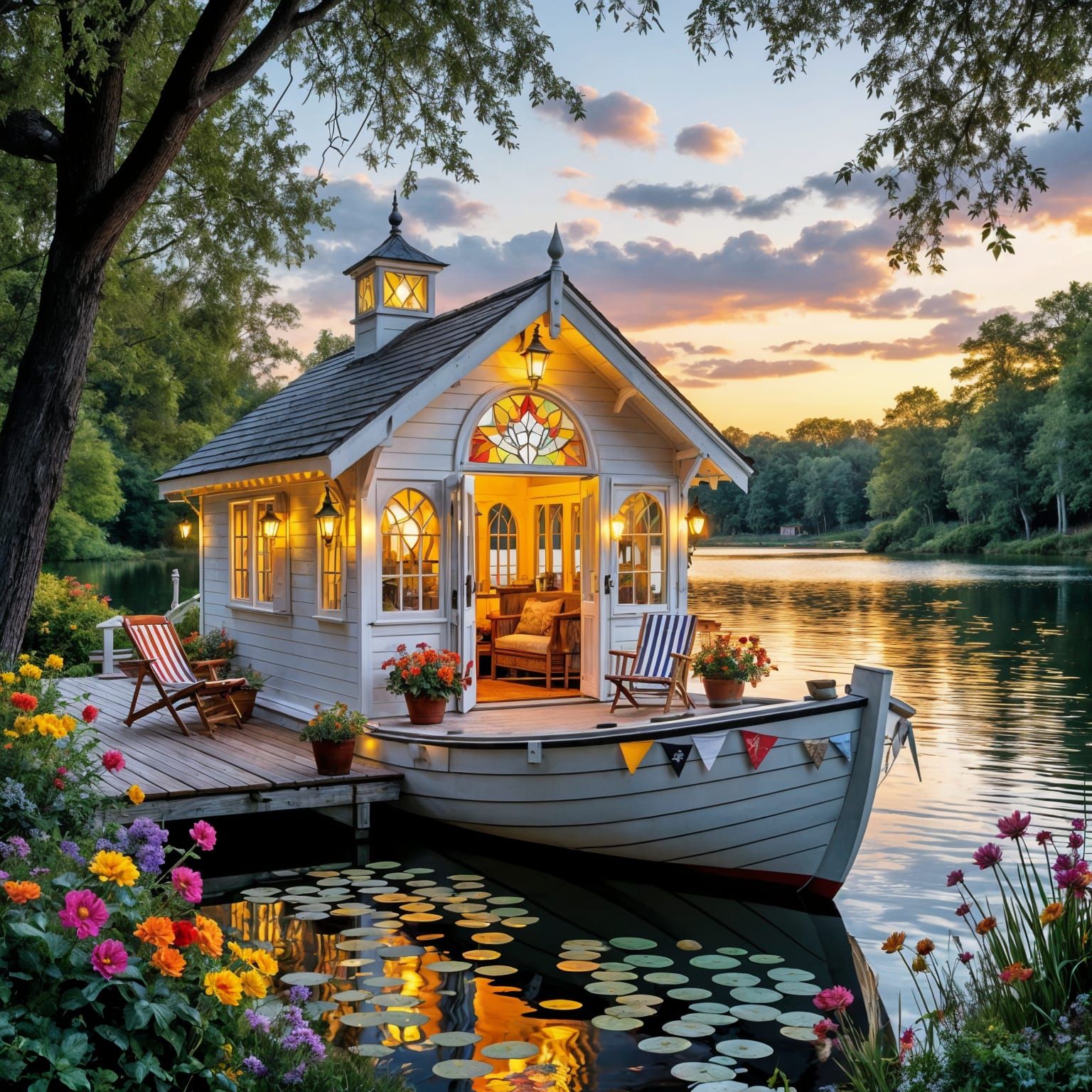 Enchanted Boathouse on Lake at Sunset