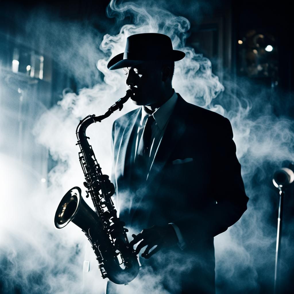 Film Noir Saxophonist in Smoky Jazz Club