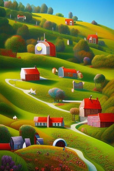 Surreal English Village: 2D Vector Drawing