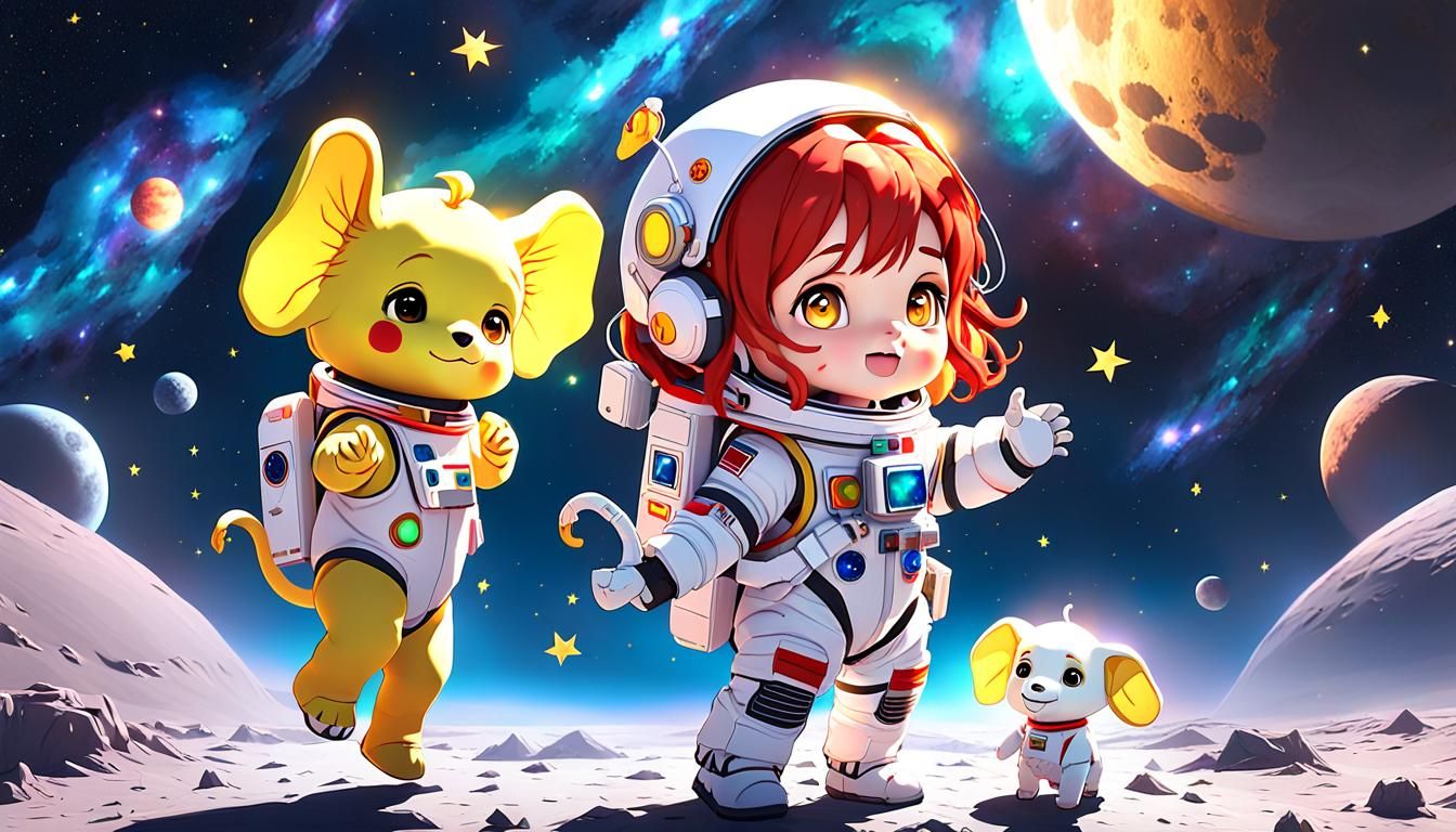 Astronaut Girl and Alien Puppy on the Moon