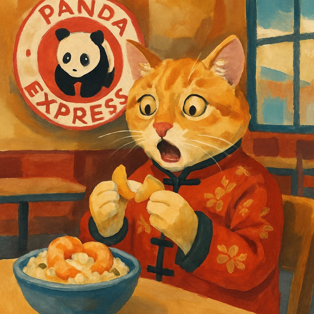 Cat in Chinese Coat Reads Fortune Cookie in Gouache