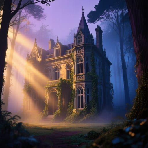 Gothic Mansion in Misty Forest, Wes Anderson Style