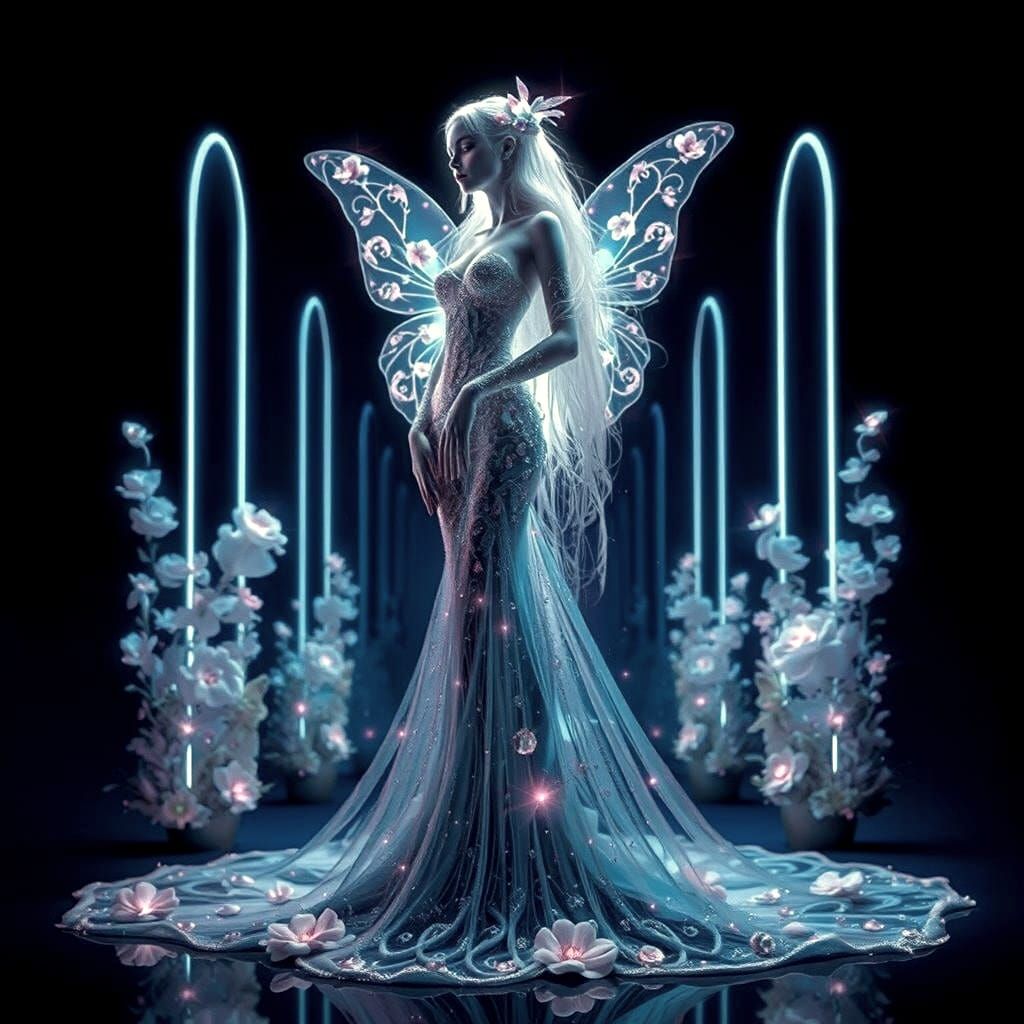 Luminous Fairy with Crystalline Wings in Macro Photography