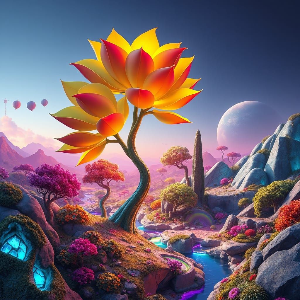 Dans un paysage surréaliste UNE plante géante en 3D spectacu...