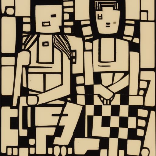 Meditators on Skateboard: Linocut Pixel Art