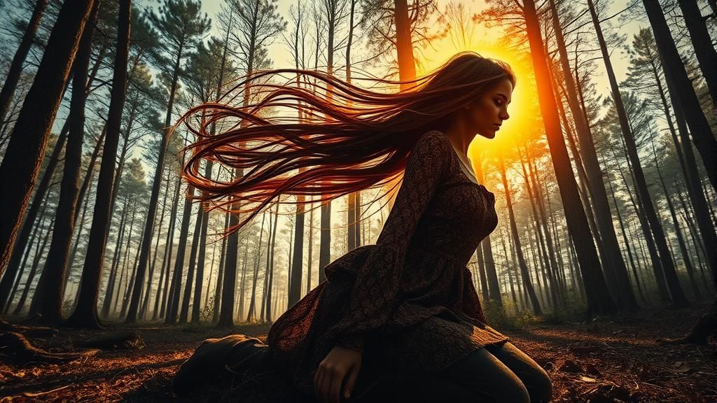 Woman Planting Sun in Warped Forest Perspective