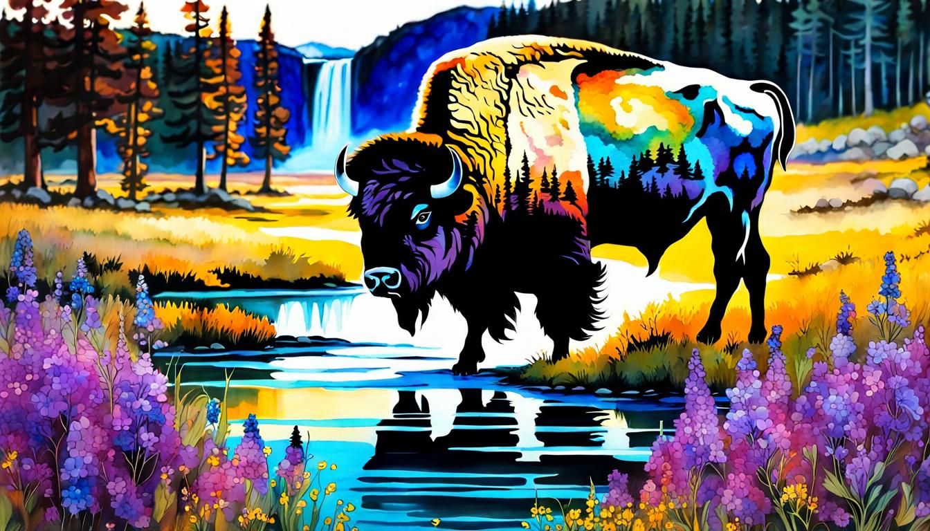Bison at Yellowstone with wildflowers