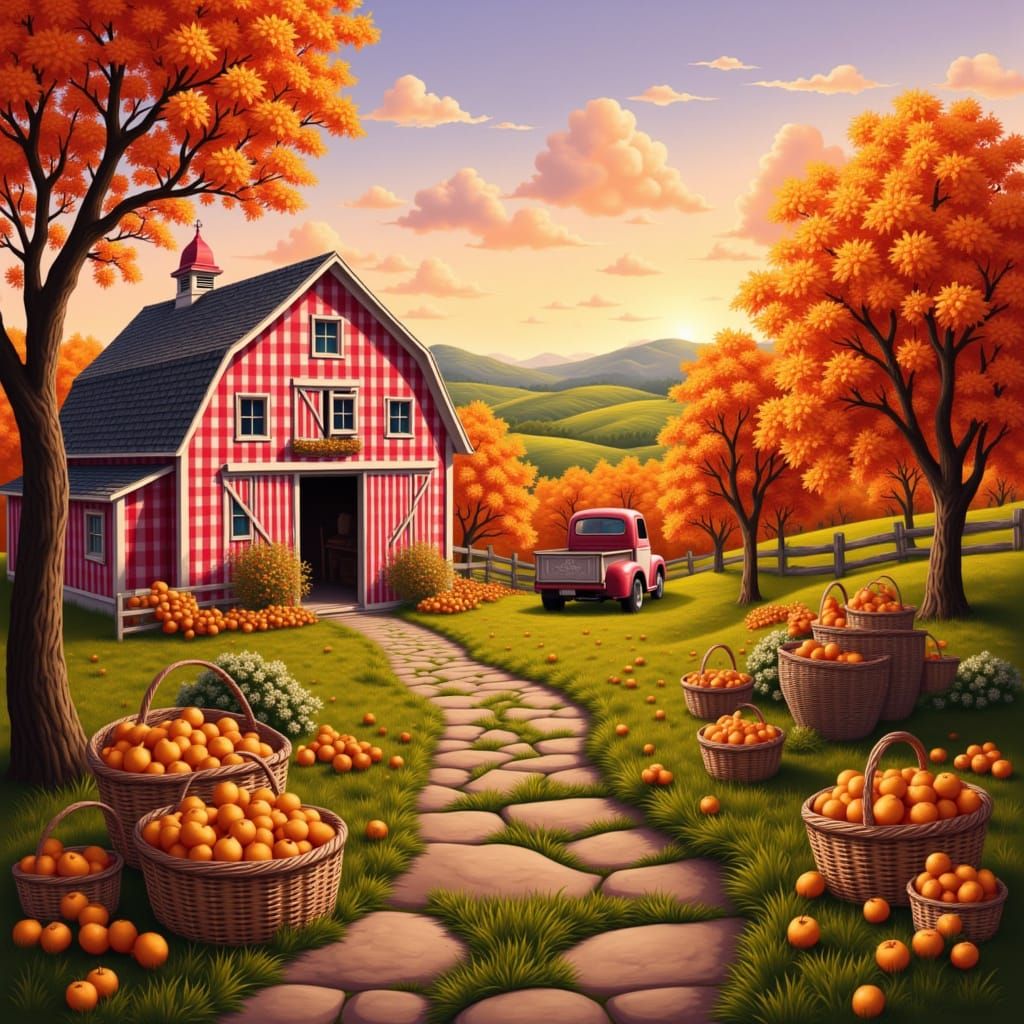 Autumn Pear Orchard Harvest with Gingham Barn