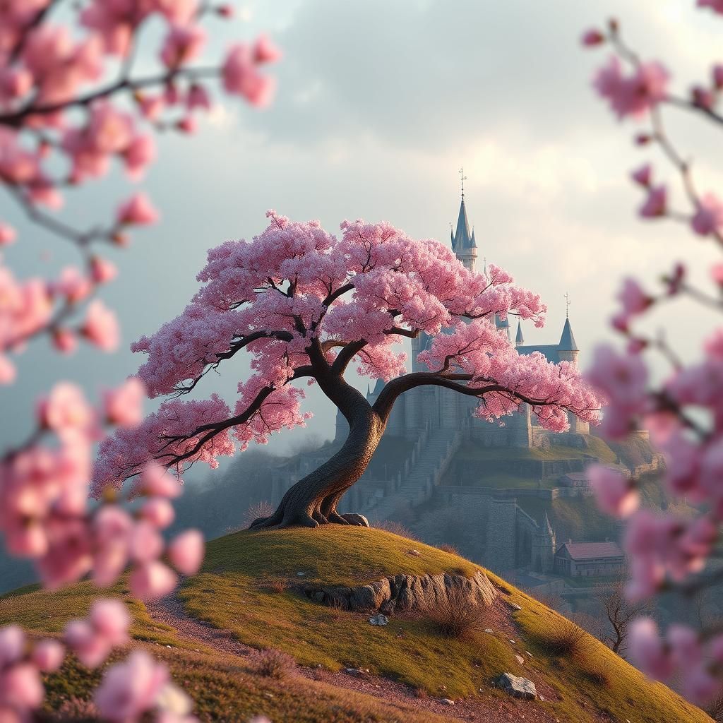 Futuristic Mechanical Cherry Blossom Tree with Castle