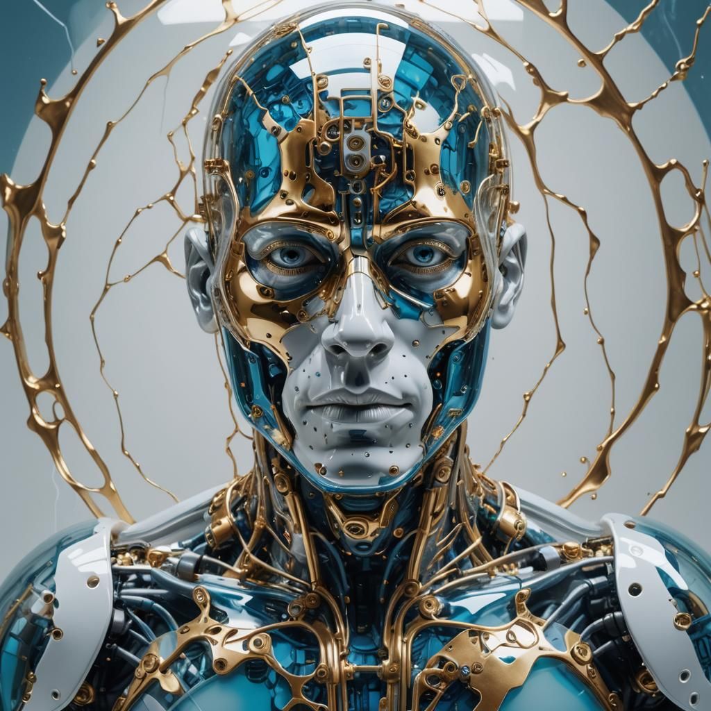 Hyperrealistic Cyborg with Glass Head and Ink Art