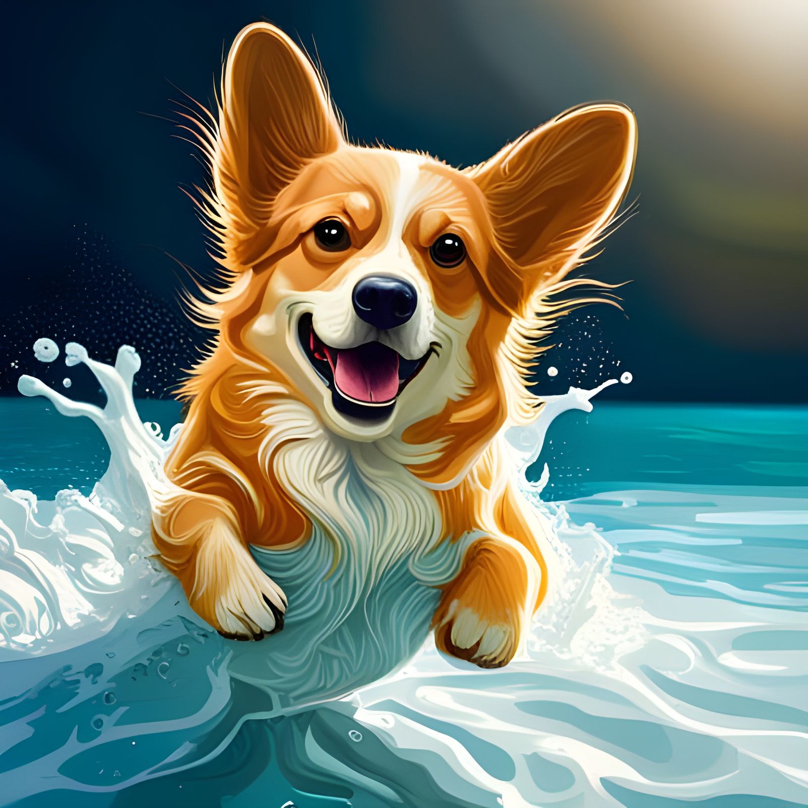 Hyperrealistic Corgi Dog Swimming Pool Splash Art