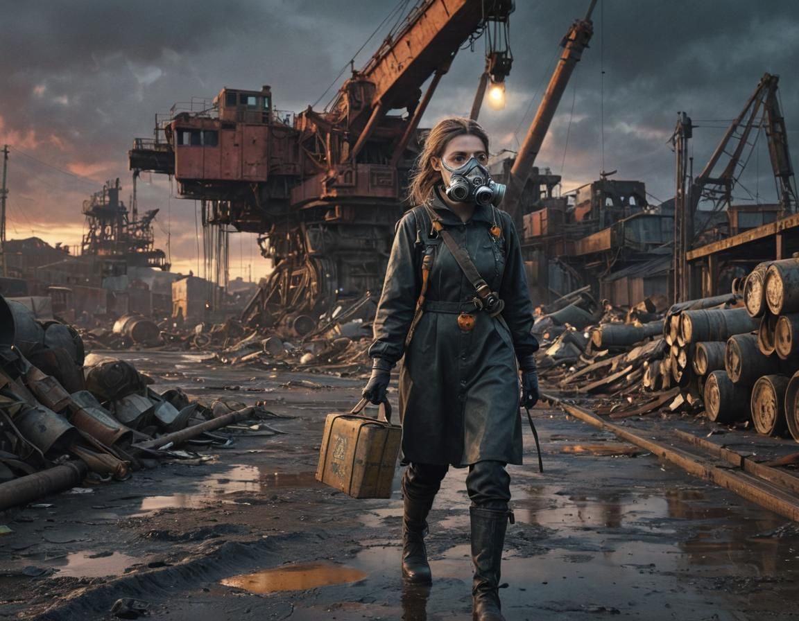 Dieselpunk Girl in Industrial Port at Sunset