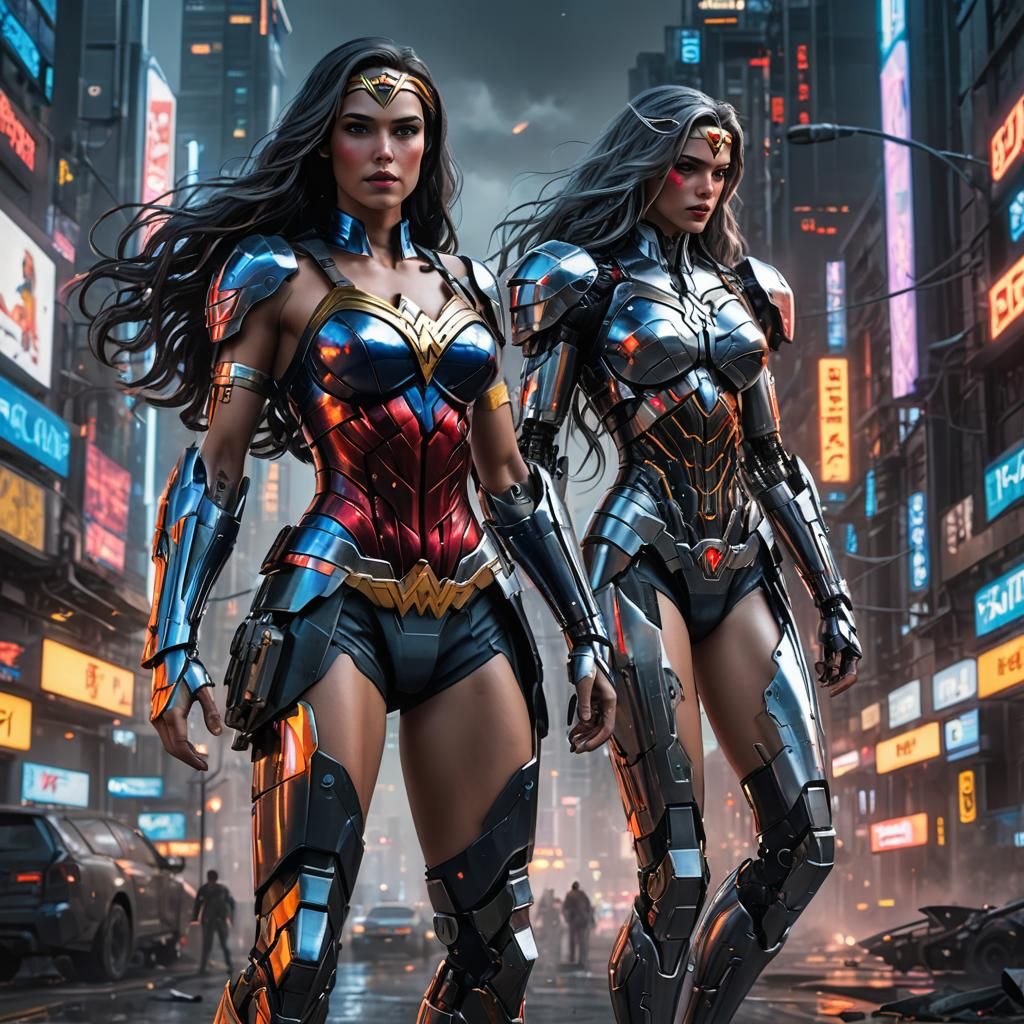 Cyborg Wonder Woman in Cyberpunk Cityscape