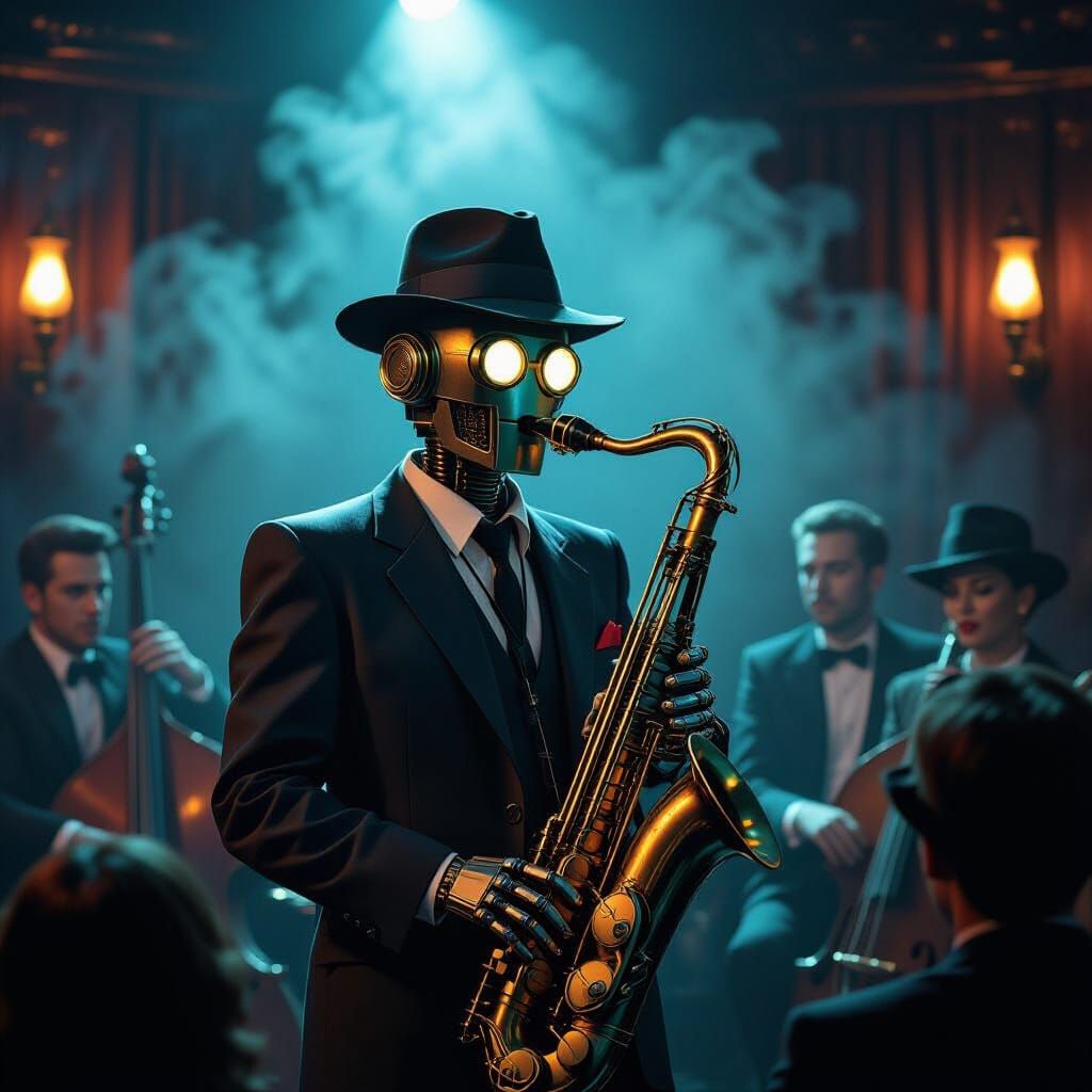 Robot Jazz Saxophonist in Film Noir Style
