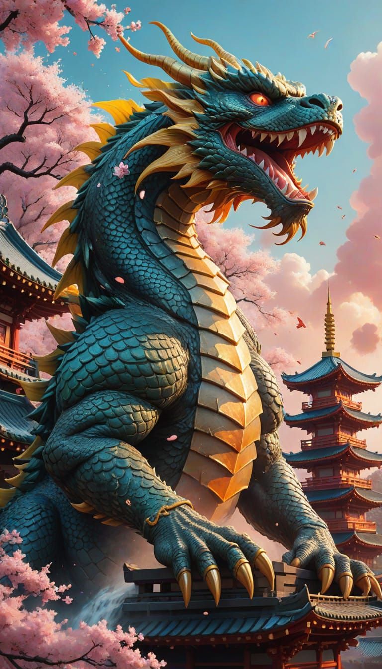 Majestic Dragon Envelops Ancient Pagoda in Fiery Splendor