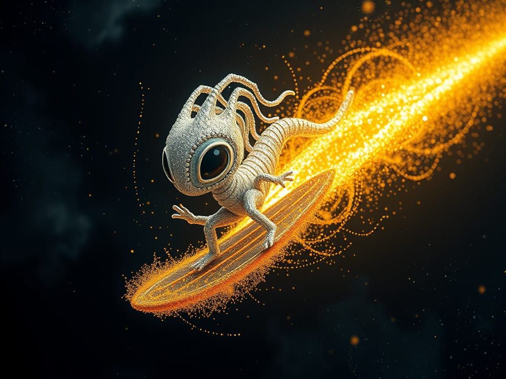 Worm's eye view of a kawaii googly-eyed alien surfer