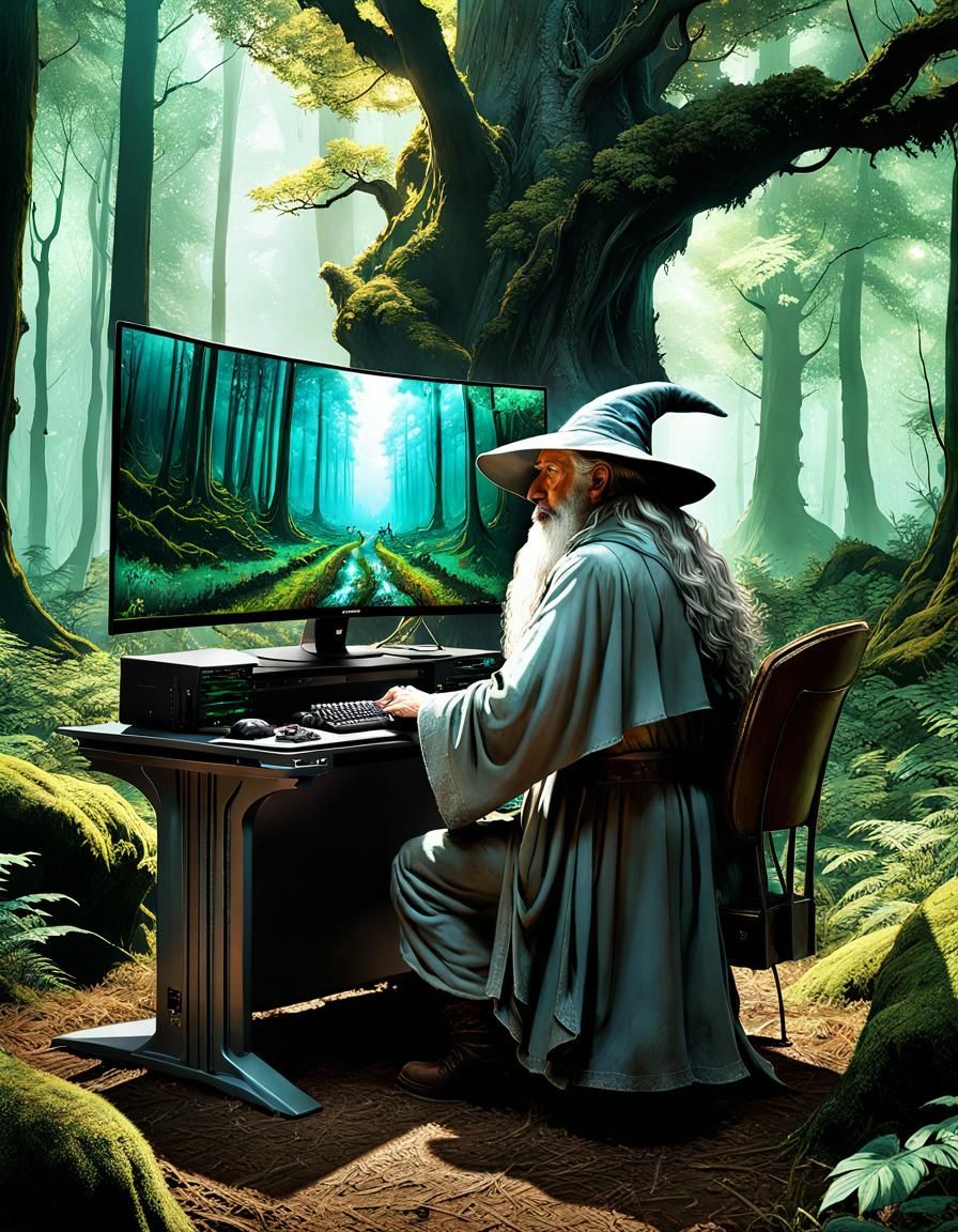 Gandalf Gaming on Fantasy PC, Detailed Digital Art