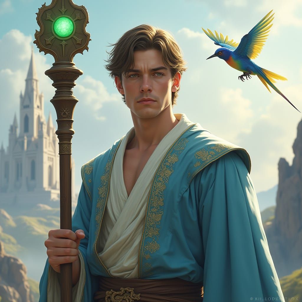 Wizard in Light Blue Robes with Magical Staff
