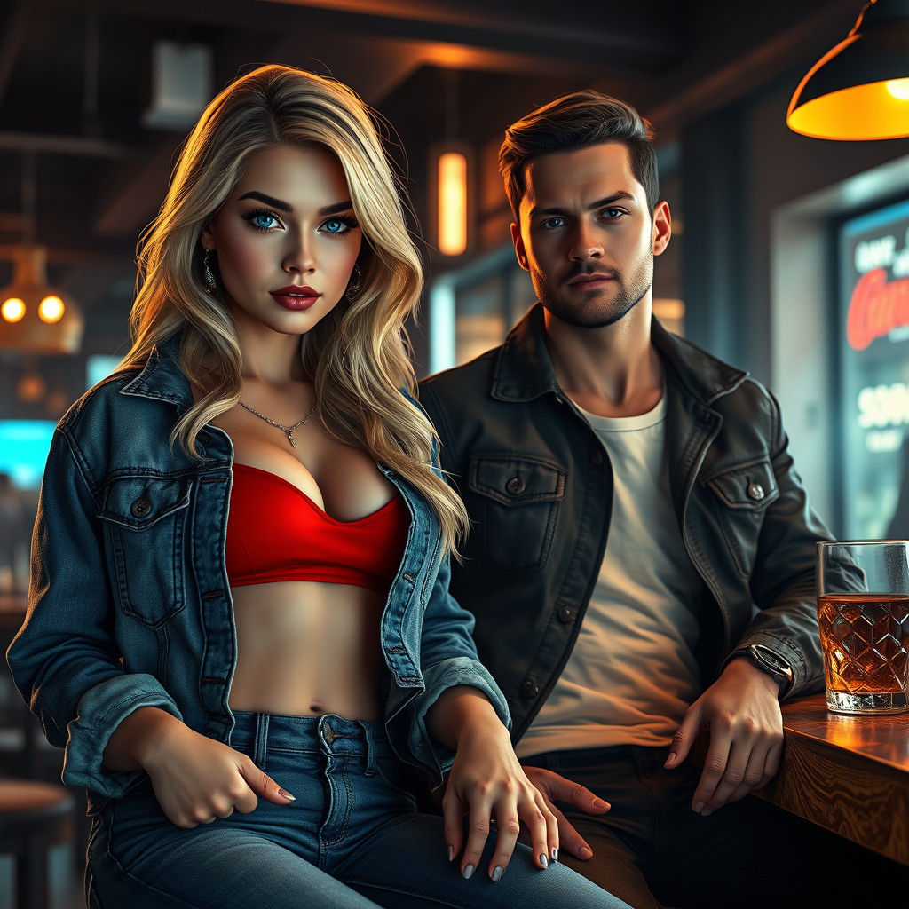 Blonde Woman at Bar in Detailed Matte Painting Style