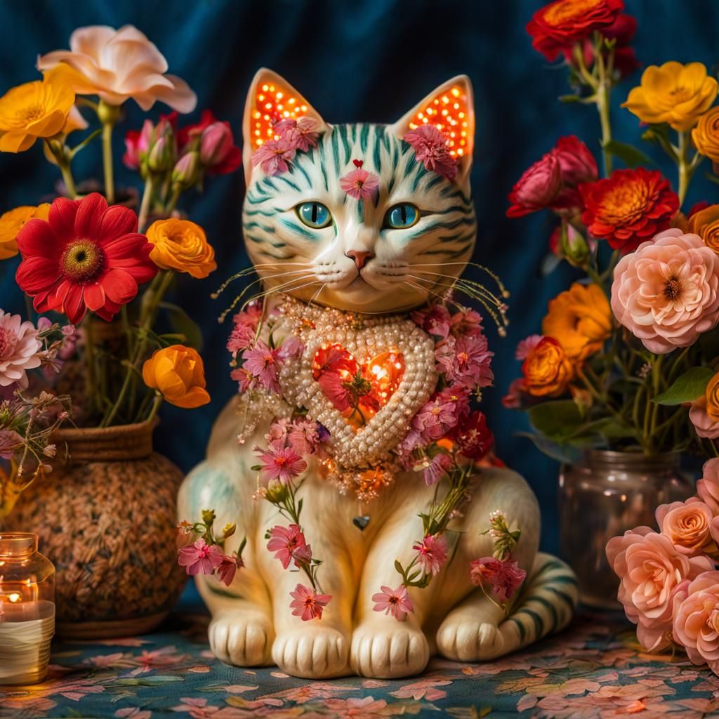 Cat on Pillow with Flowers in Folk Art Style
