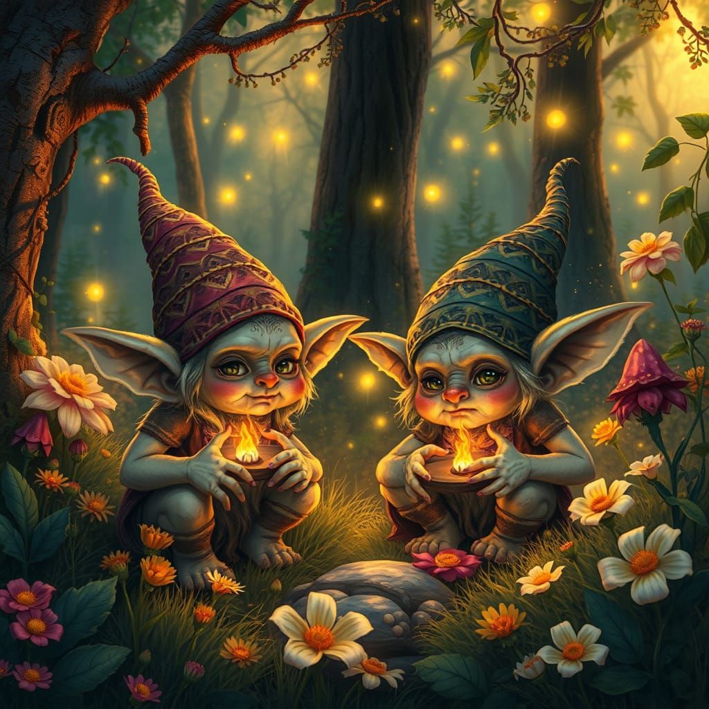 Adorable Goblins in Fantasy Forest, Mystical Illustration