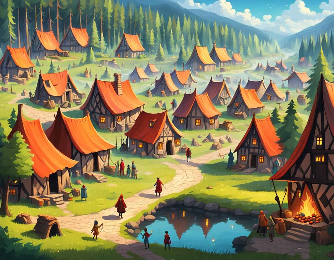 Enchanting Fantasy Village Scene with Campfires