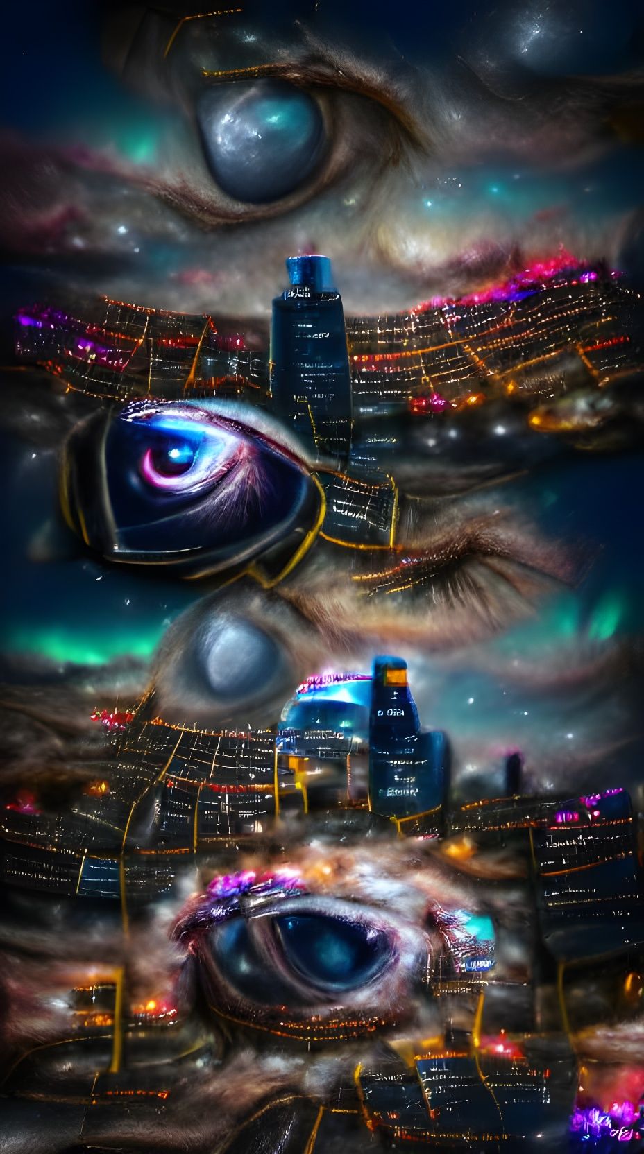 Cybernetic Eye Watches City in Cosmic Horror Style