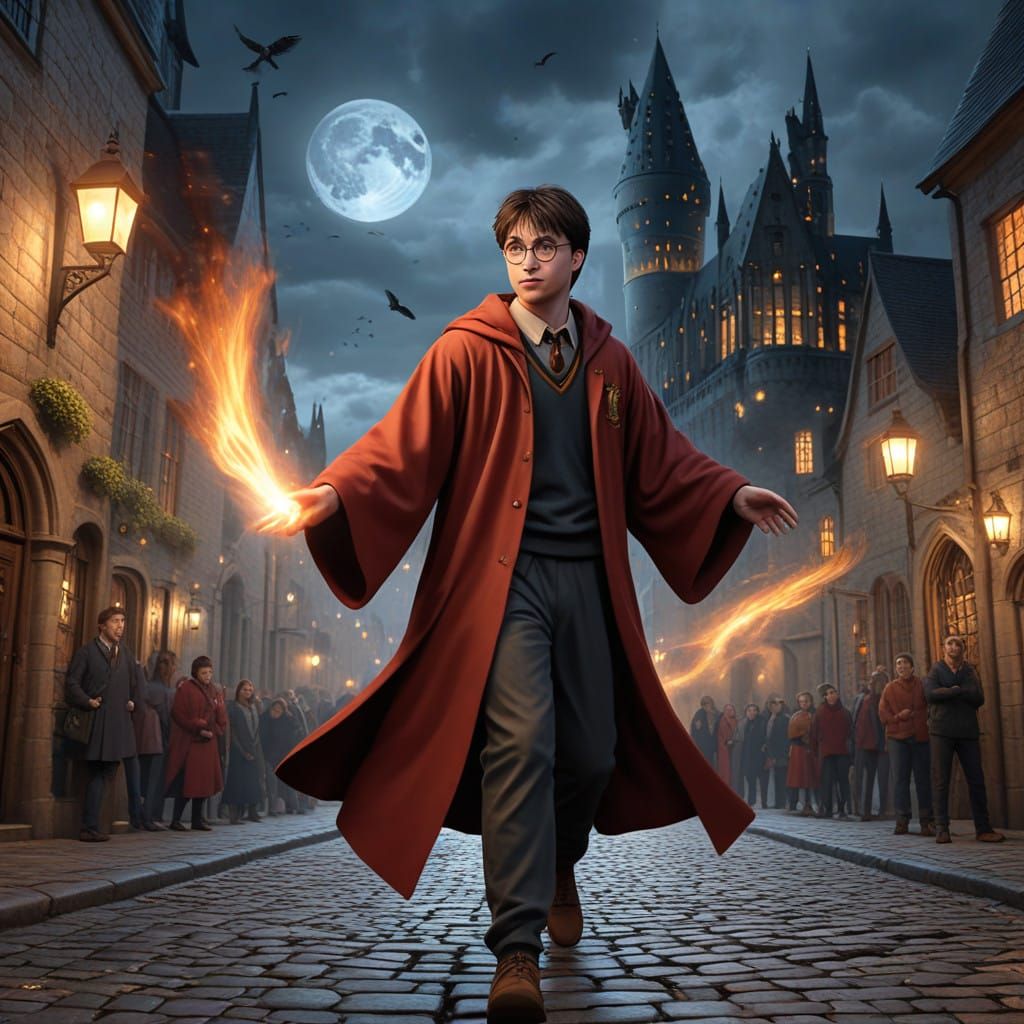 Magical Hogwarts Nighttime Scene in Vibrant Comic Book Style